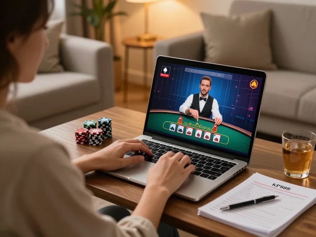 Engaging live blackjack player at home using KP88 for an exciting online gaming experience.