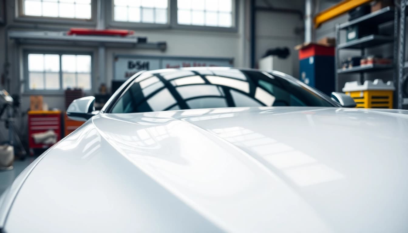 Apply paint protection film near me on a car, highlighting quality craftsmanship in a bright workshop.