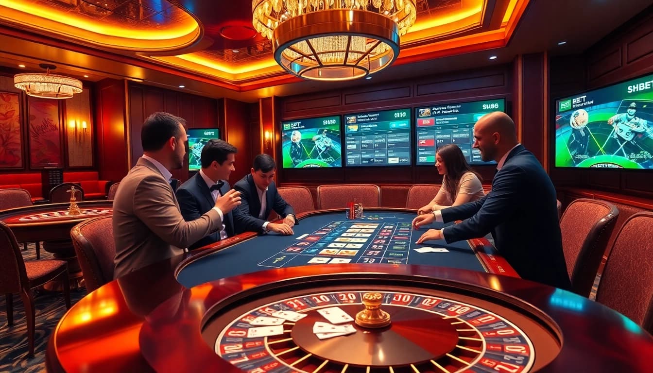 SHBET poker table scene highlighting high-stakes gaming excitement and vibrant casino atmosphere.