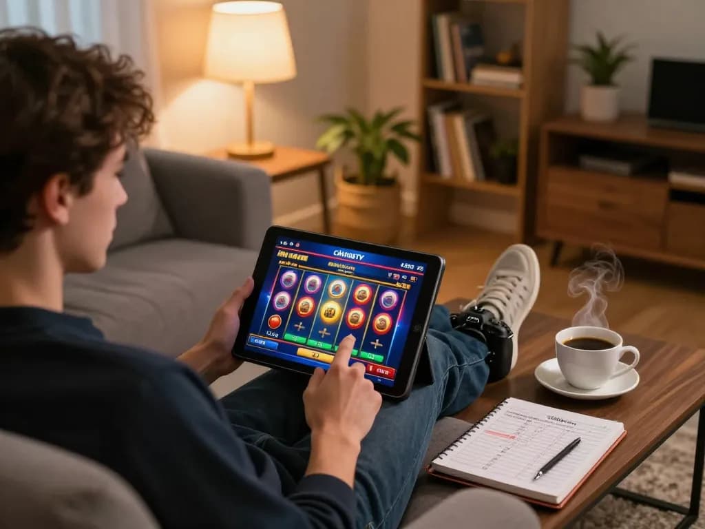 Engaging home gaming scene on CàkhịaTV showing a player enjoying online slots on a tablet in a cozy setting.