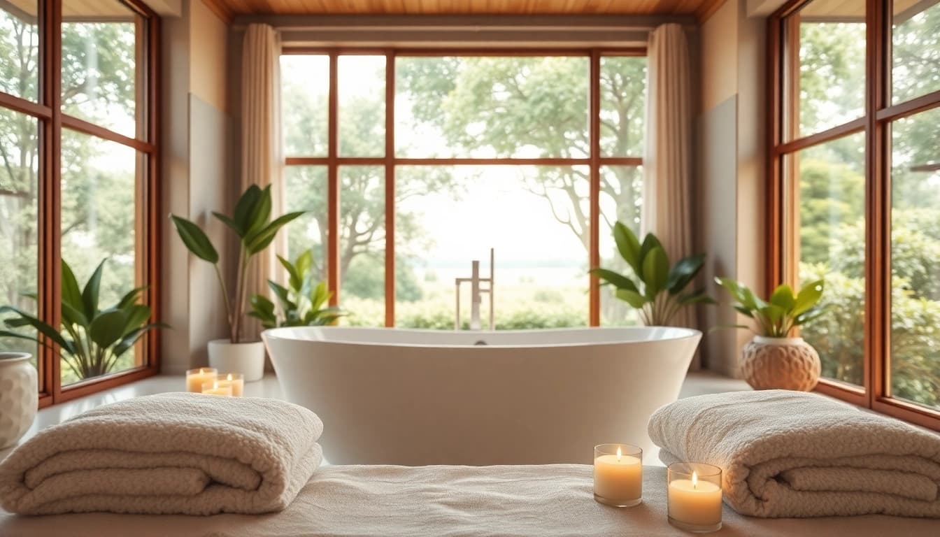 Refreshing elegant bathrooms with a luxurious freestanding bathtub and vibrant greenery.