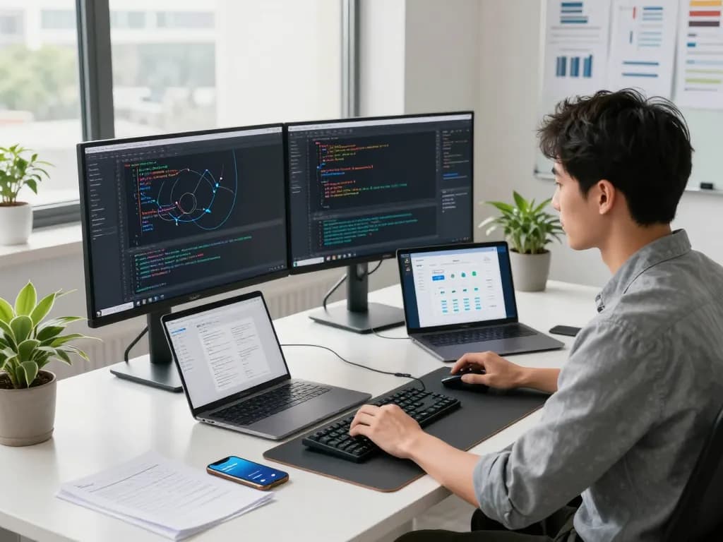 快连 network optimization scene with a developer coding in a bright modern workspace.