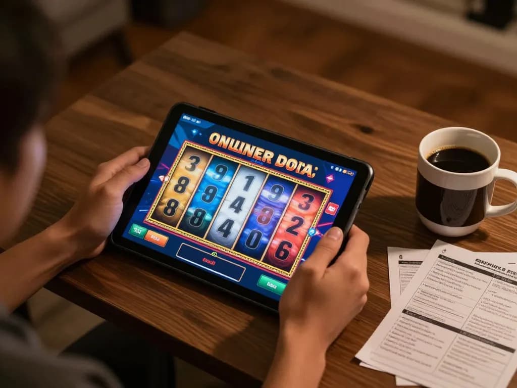 N188 - Engaging player using a tablet to enjoy exciting online slot games in a warm home setting.