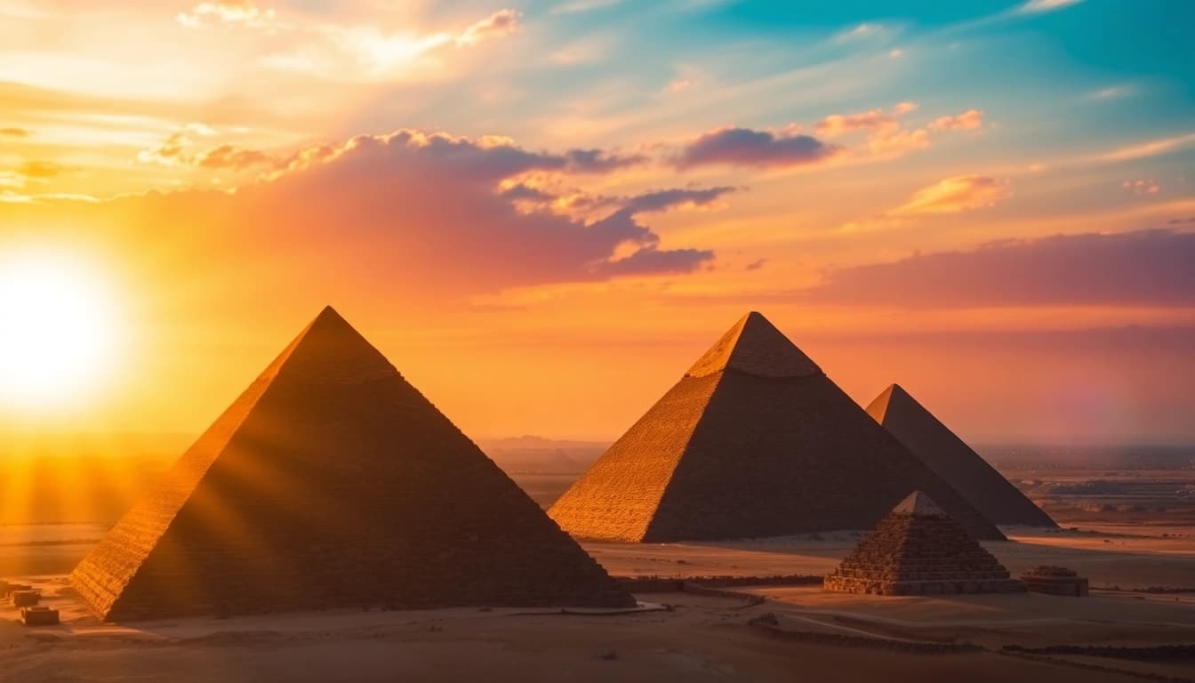 Experience the majestic piraminds at Giza with their ancient charm under a vibrant sunset.
