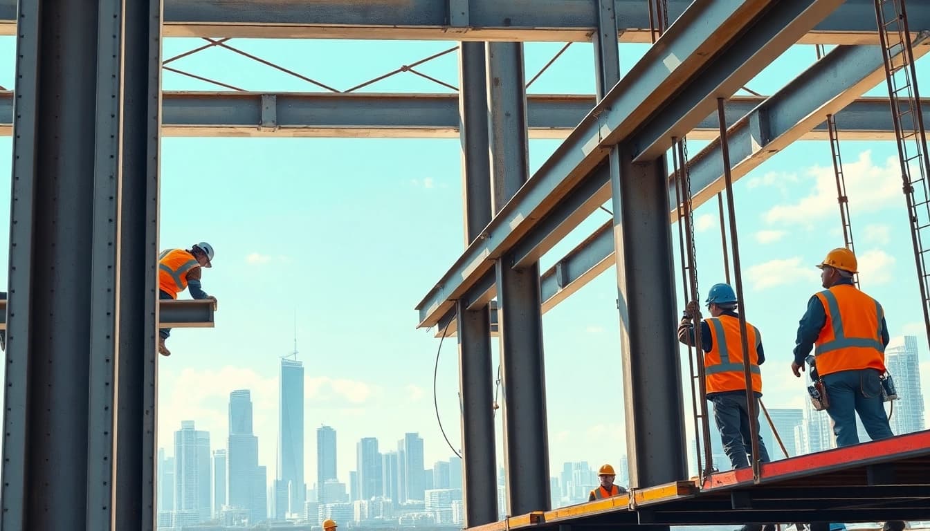 Workers performing structural steel installation with precision and safety in an urban construction site.