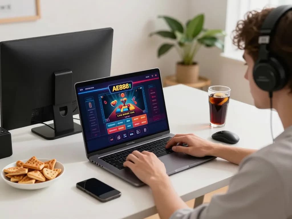Engaging in online gaming with AE888 LINK, showcasing casino interface and cozy atmosphere.