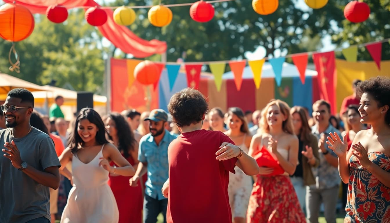 People engaged in joyous movin and groovin dance at an outdoor festival.