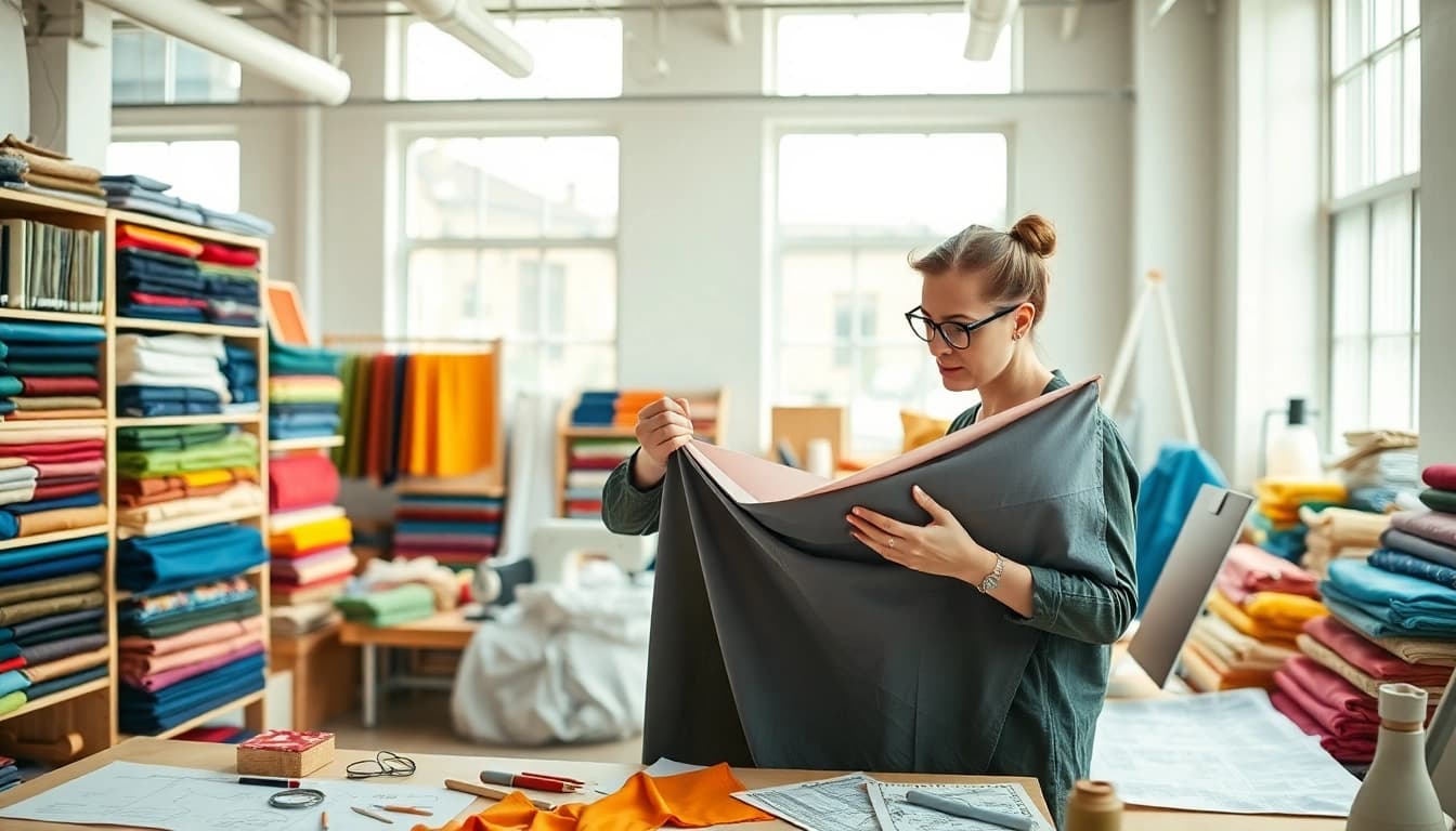 Ontdek de veelzijdige poplin stof met verschillende kleuren en texturen gebruikt door een modeontwerper.