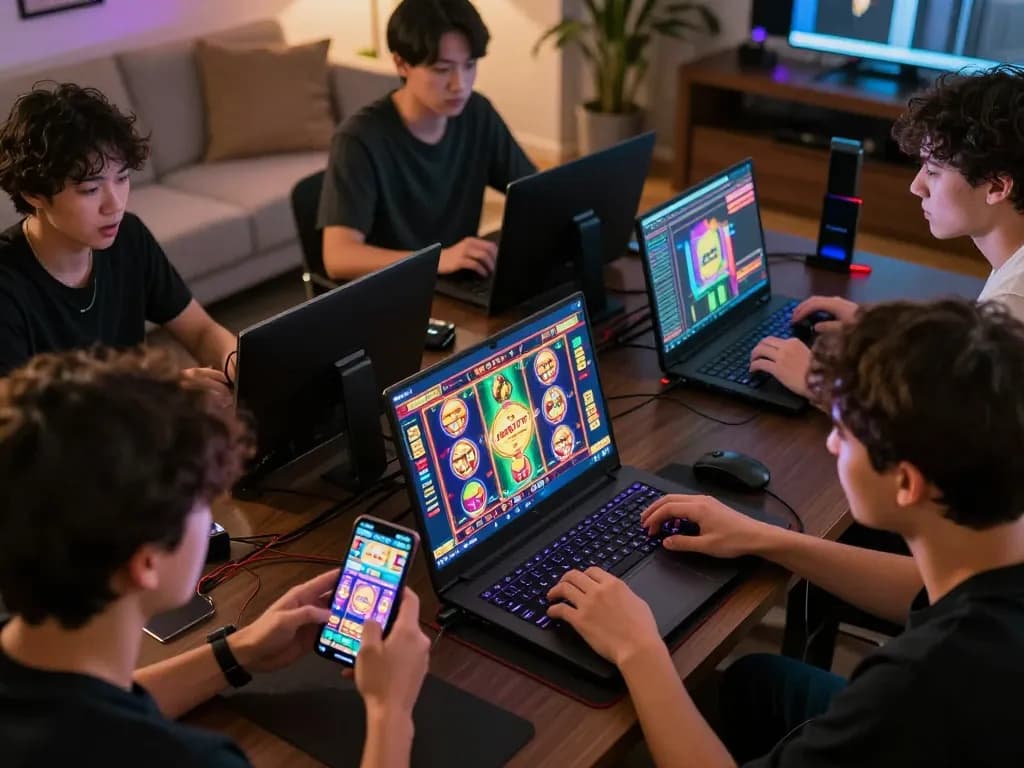 Engaging players excitedly enjoying alexis77 slot games during a lively online gaming session.