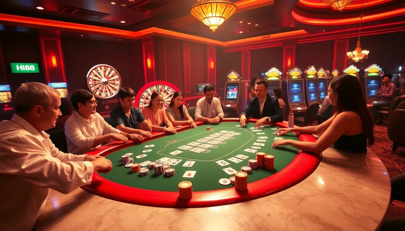 Experience thrilling gameplay at Hi88 casino with vibrant poker tables and eager players.