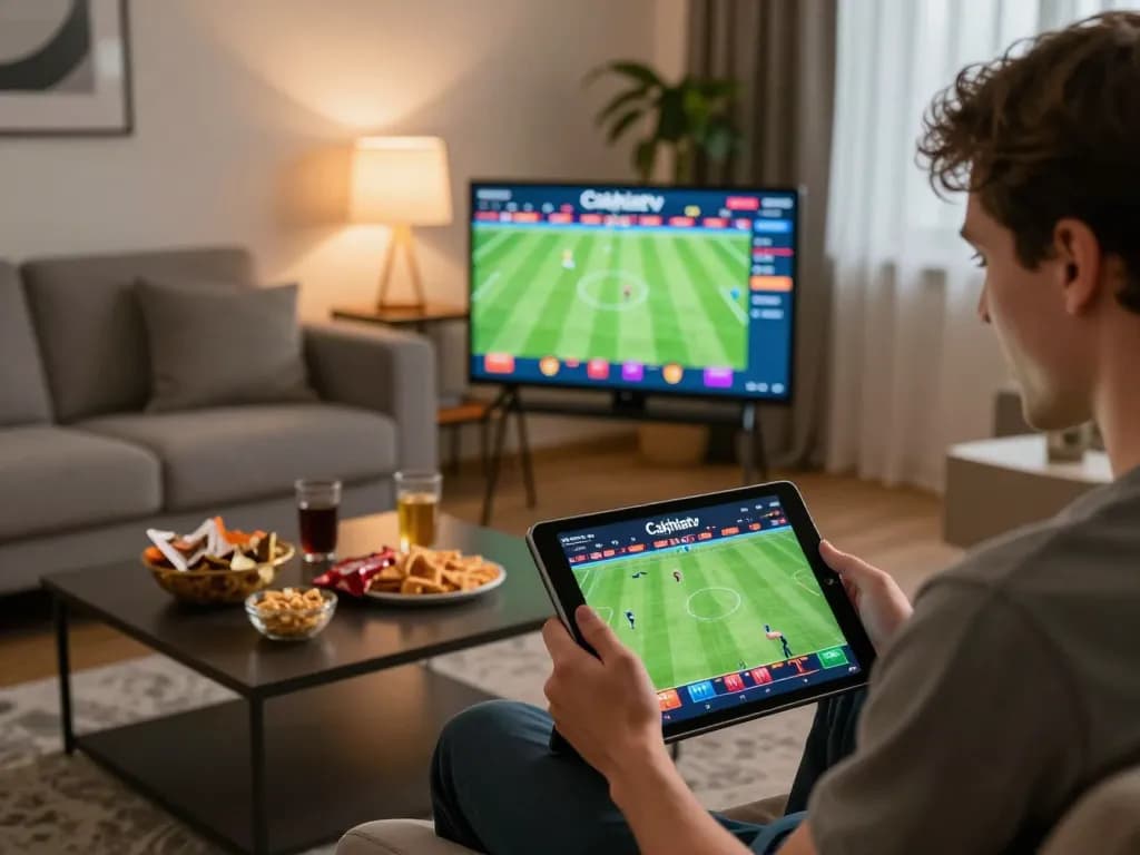 Cakhiatv user experiencing live sports betting on tablet in a cozy home environment.