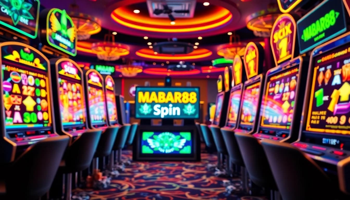 MABAR88 Spin menampilkan pemain yang menikmati mesin slot berwarna-warni dengan gulungan yang berputar dalam suasana kasino mewah.