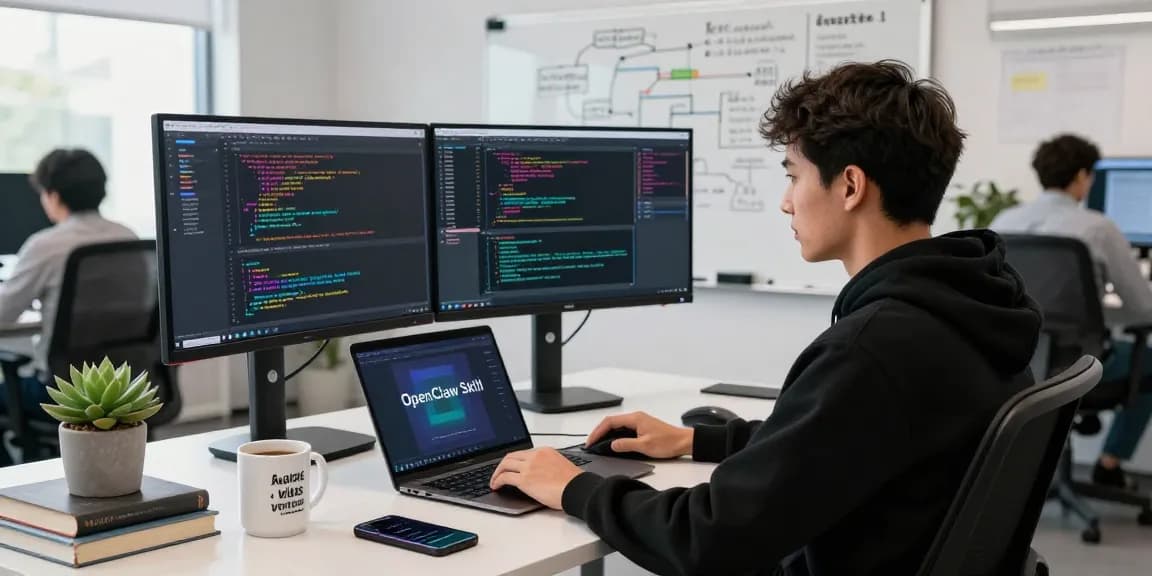 Developer utilizing an openclaw skill in a modern tech workspace with dual monitors and collaborative tools.