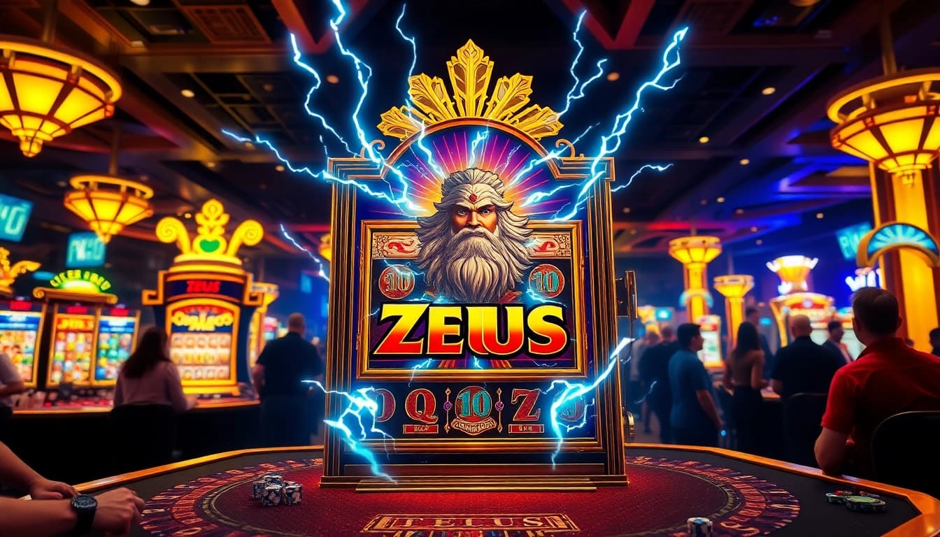 Players enjoying the Zeus slot machine in a luxurious casino setting, aiming for big wins.