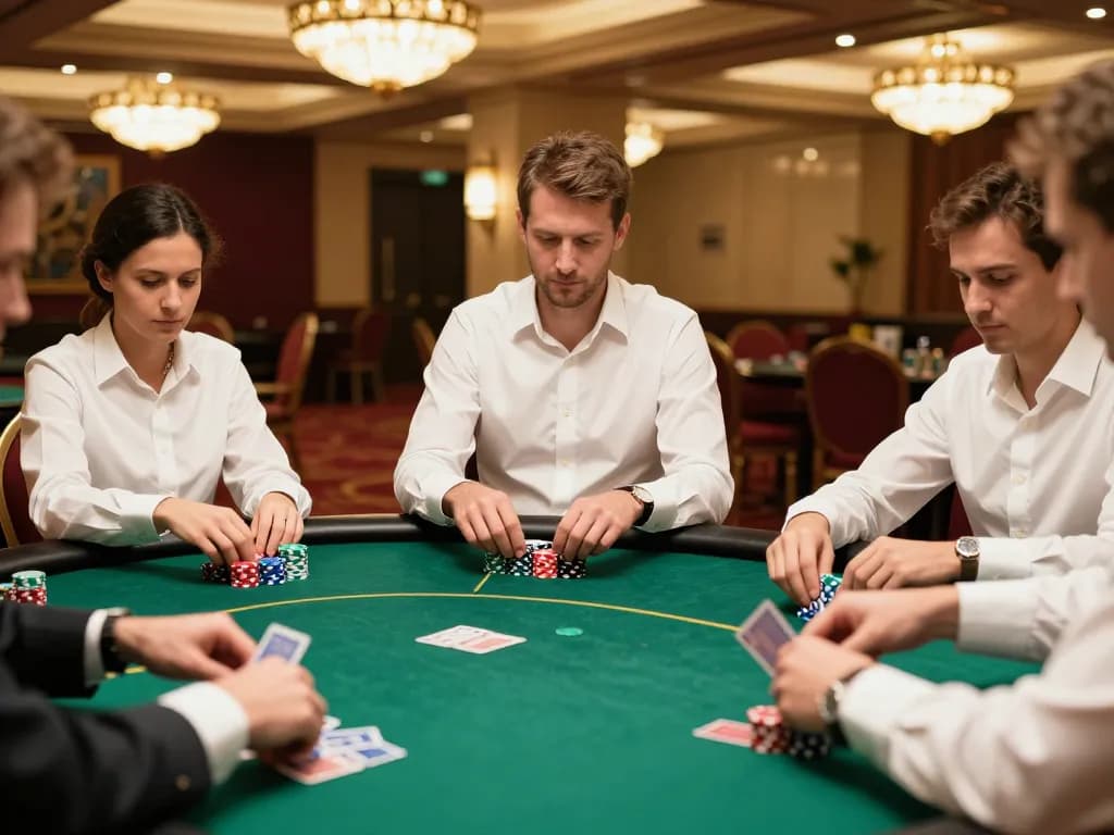 F168 poker game in upscale casino with players and dealers engaged in strategic gameplay
