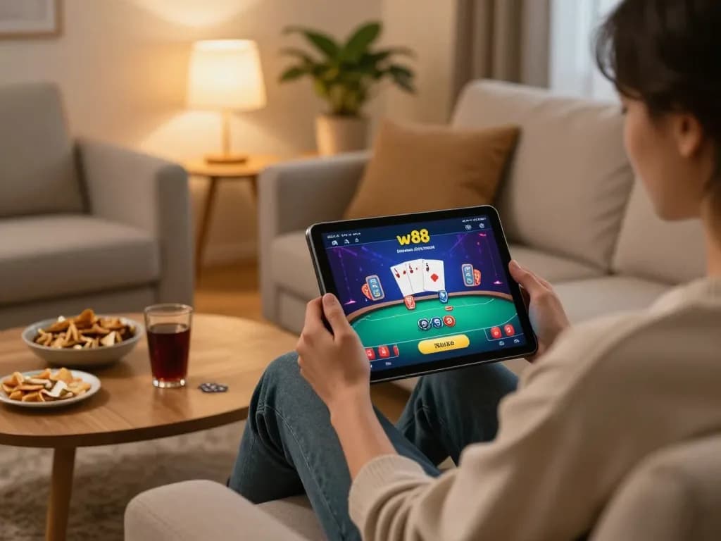 Player enjoying online poker on w 88 app in a cozy living room setting
