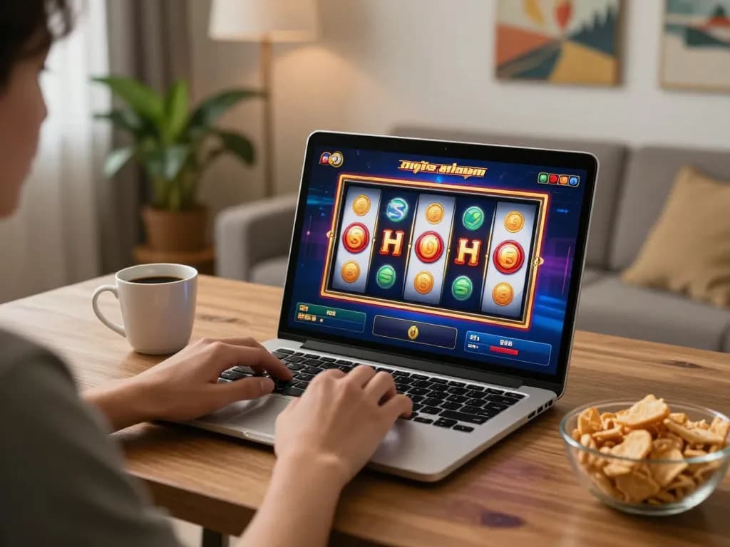 Player enjoys interactive situs slot gacor gameplay on laptop at home with vibrant graphics and cozy atmosphere