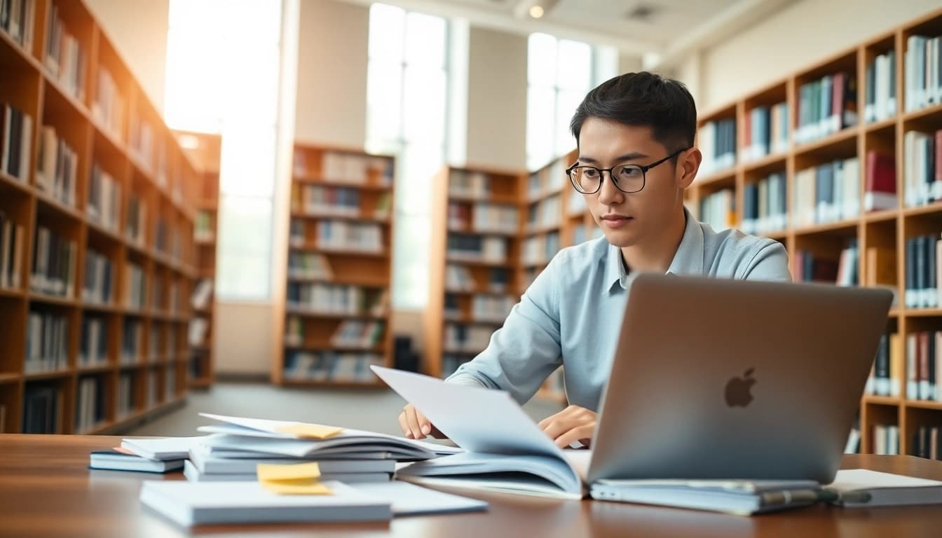 Focused student engaged in exam preparation among books and study materials in a library.