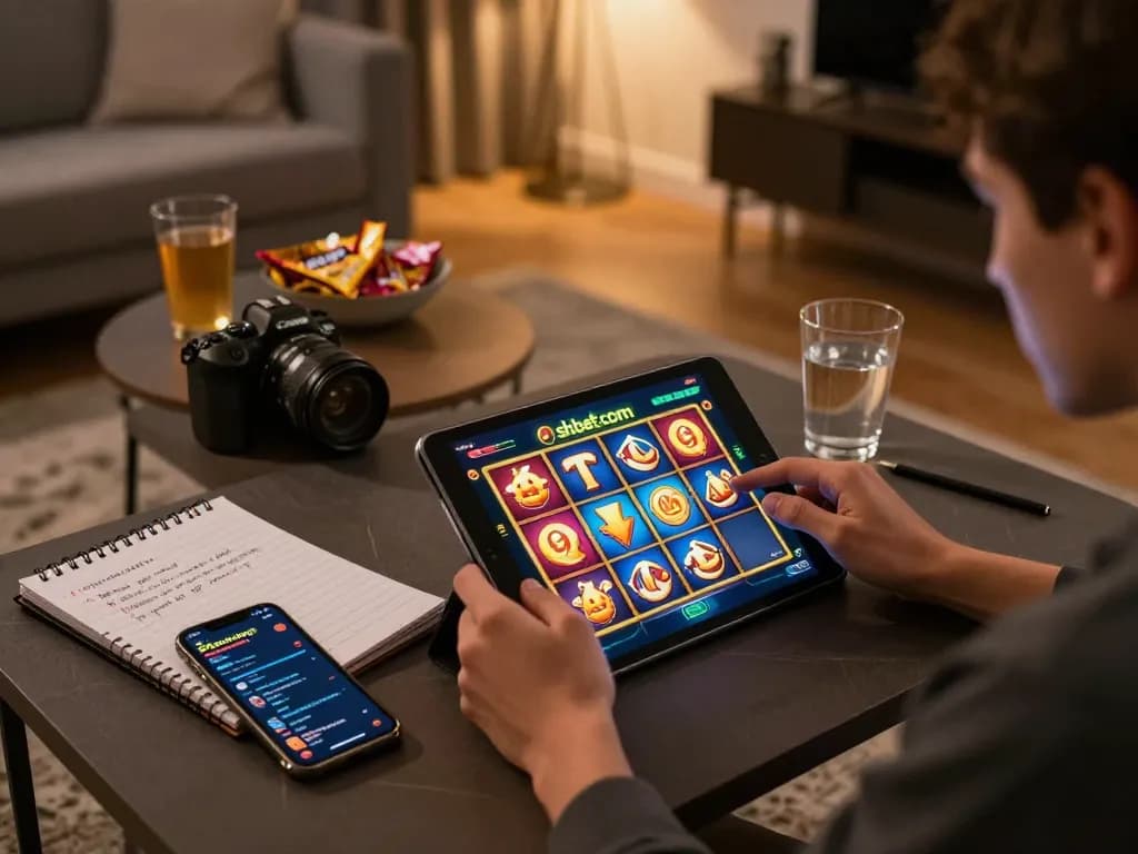 Engaging in online slots with shbet com on tablet, cozy gaming atmosphere.