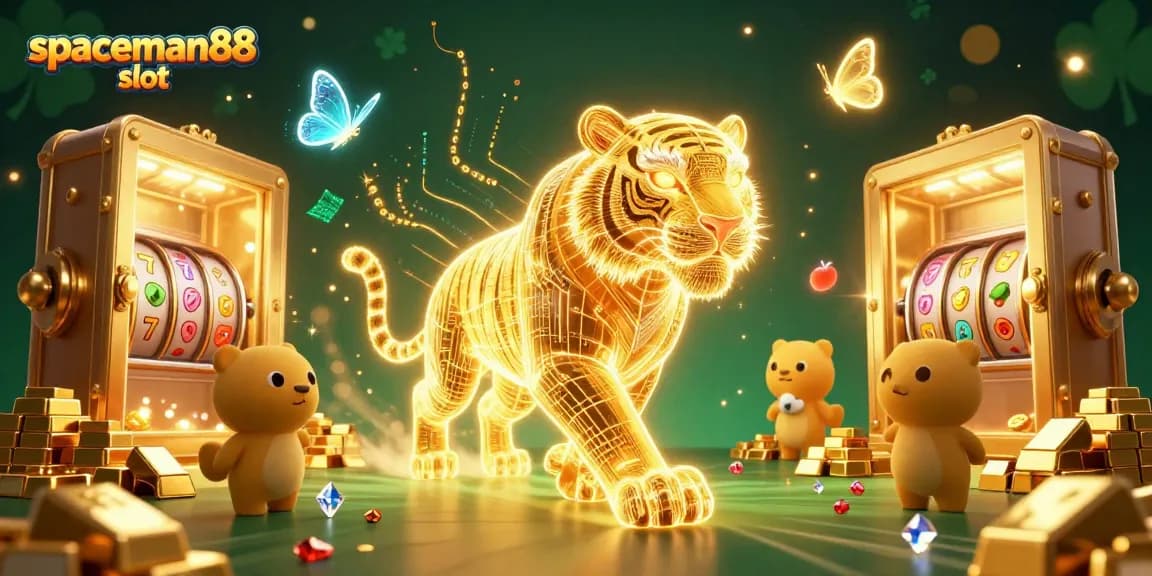 Experience the thrill of spaceman88 slot as the golden tiger navigates a vibrant digital casino landscape.