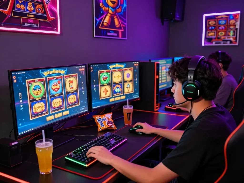 Pemain situs slot gacor terbenam dalam lingkungan permainan online yang penuh warna, menampilkan grafik permainan slot yang menarik dan periferal gaming.