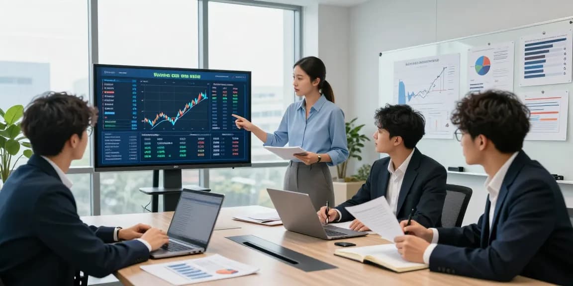 Collaborative financial crime intelligence analysis in a modern office, showcasing teamwork and data insights.