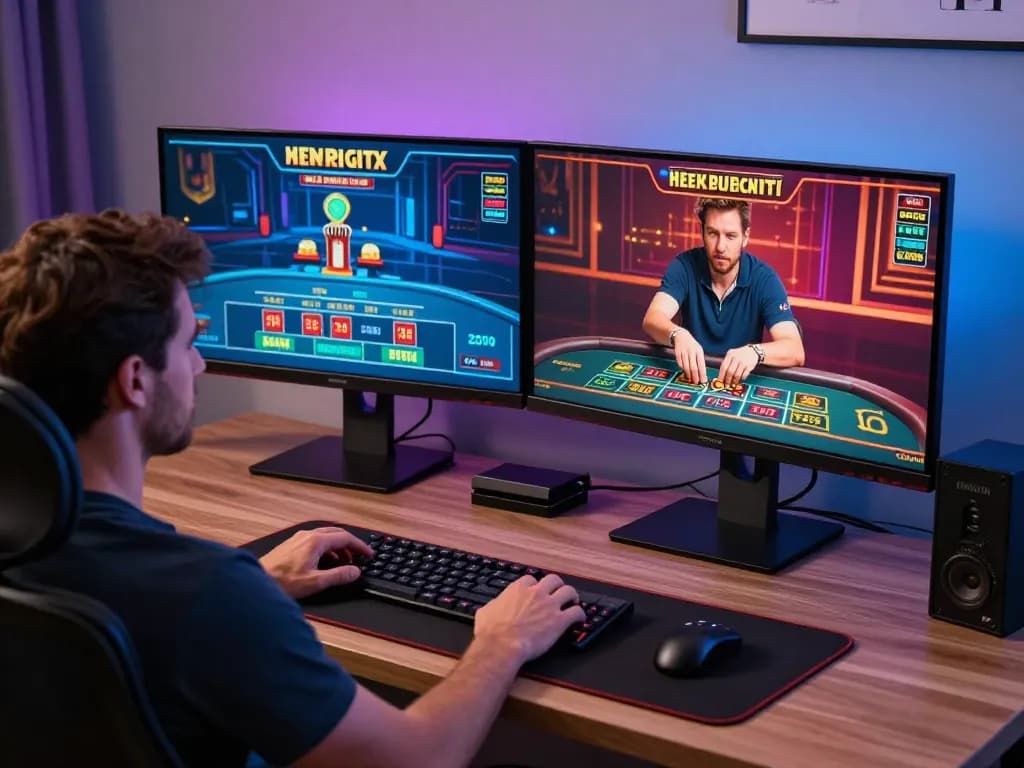 Engaged player strategizing bets on mm88.blog with dual monitors showcasing online casino games.