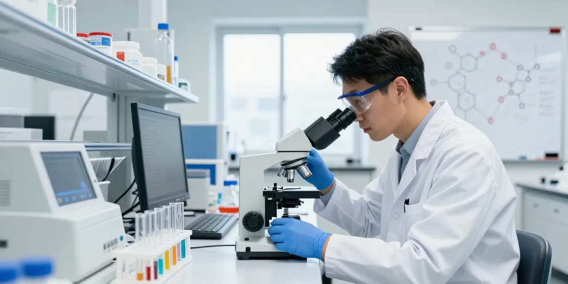 Scientist analyzing SwissChems peptide samples in a modern lab environment
