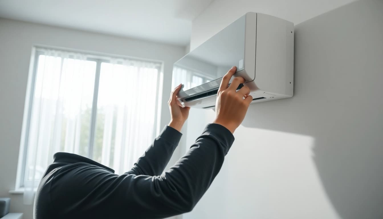 Technician installing mini split ac unit in a modern home interior.