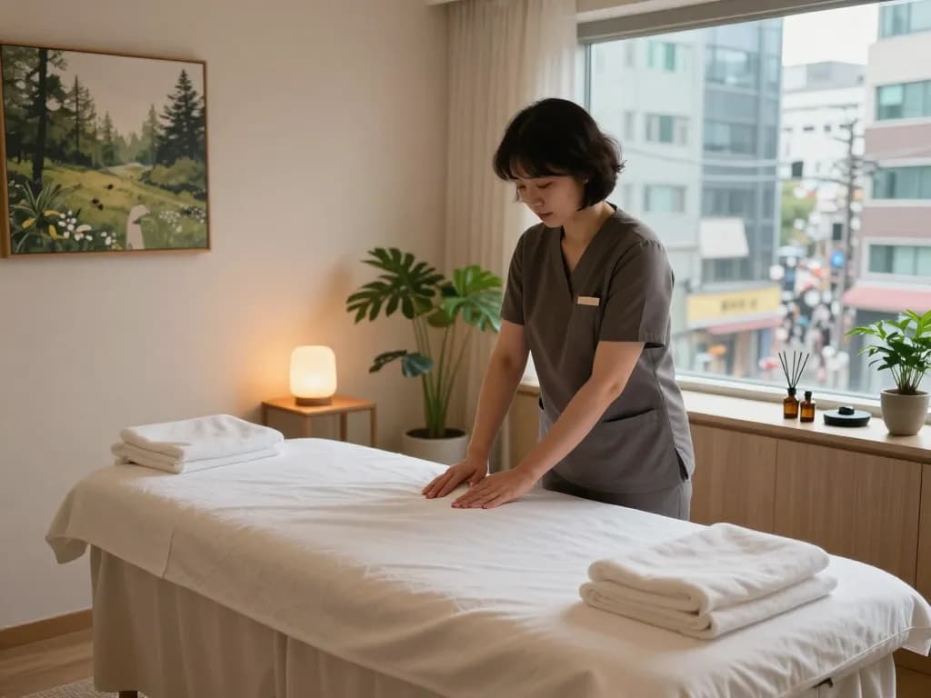 차분한 장식과 에센셜 오일이 있는 강남마사지 치료실의 편안한 분위기.