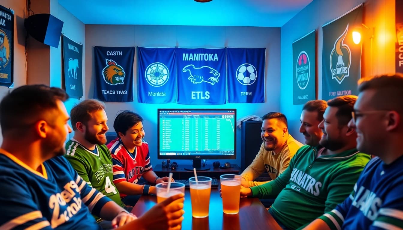Engaged friends enjoying Manitoba sports betting experience in a lively setting.