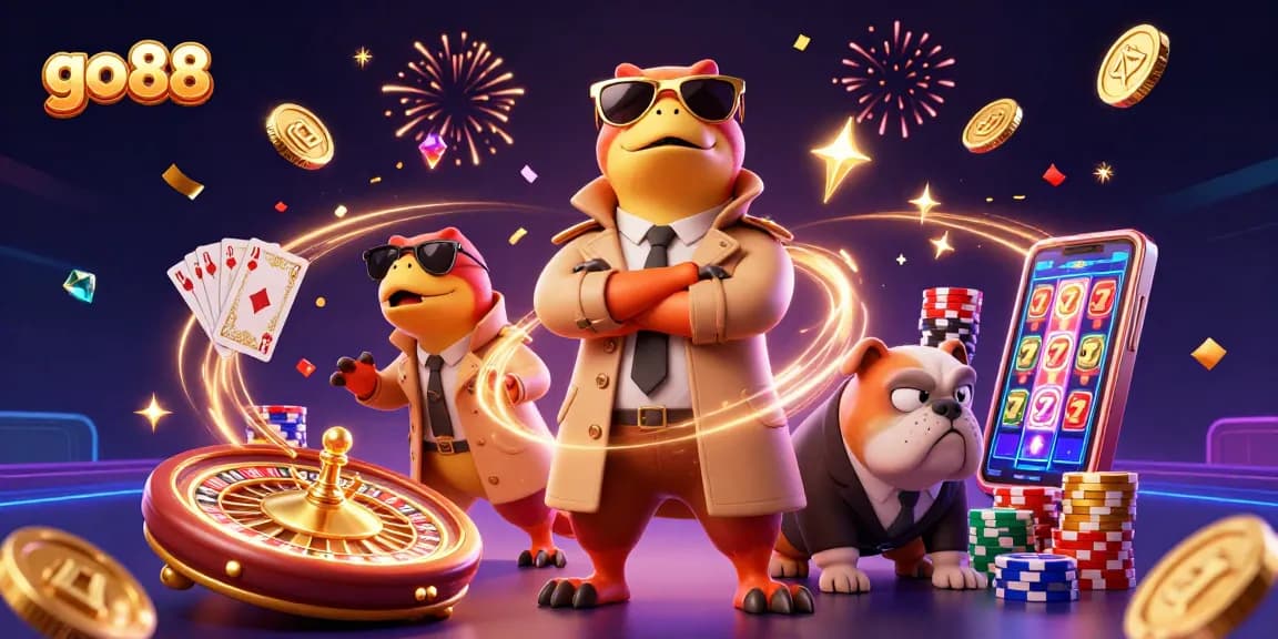 Experience the thrill at go 88 with three raptors disguised for casino VIP access, amidst dazzling gaming elements.