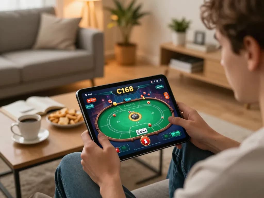 C168 đăng nhập on tablet during home poker game, comfortable gaming environment.