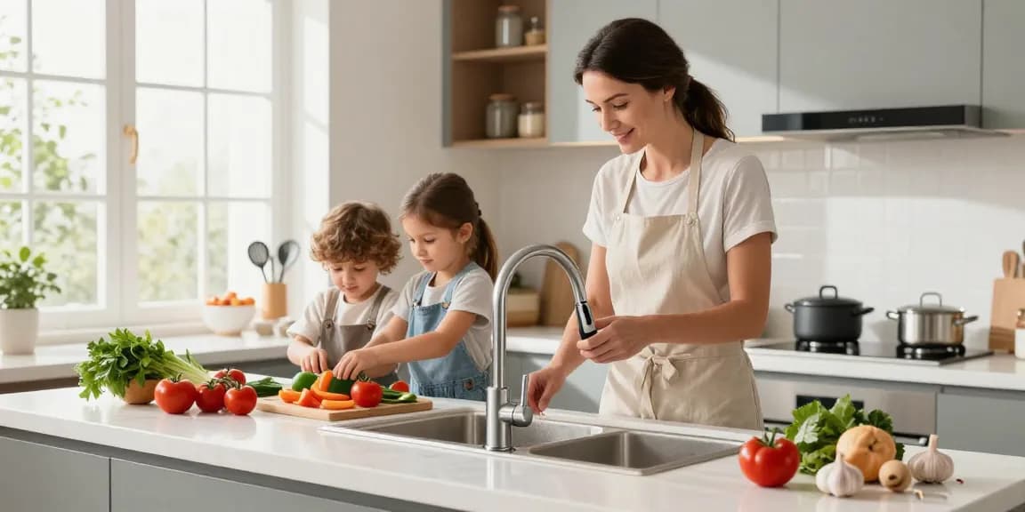 Kitchen faucets featured prominently in a vibrant family cooking scene, showcasing modern design and functionality in a stylish kitchen.