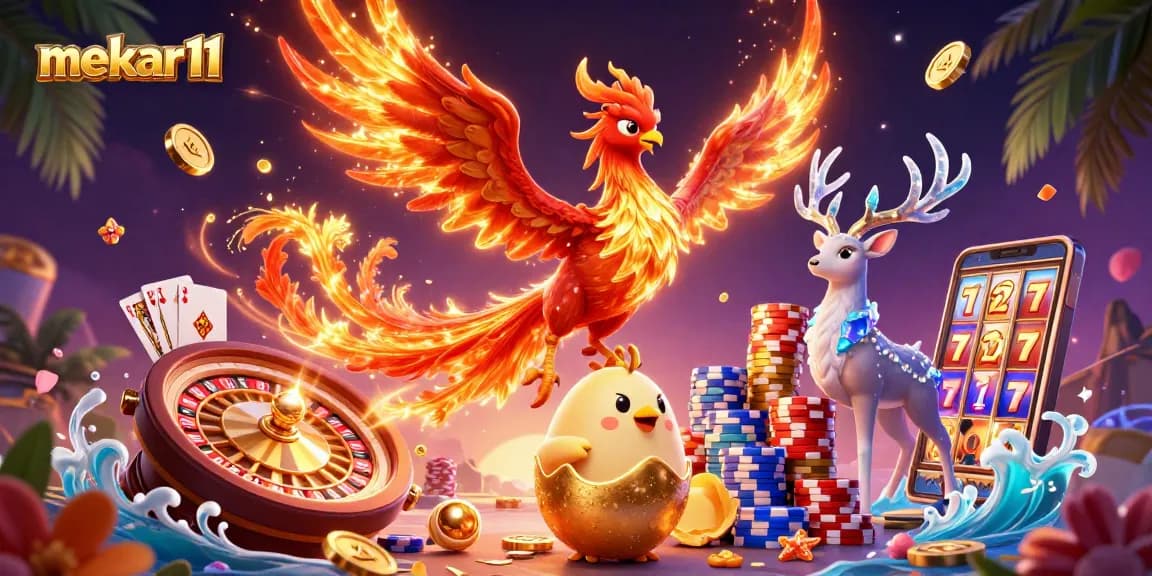 Engage with mekar11's vibrant 3D casino scene featuring a phoenix, golden coins, and dynamic game elements.