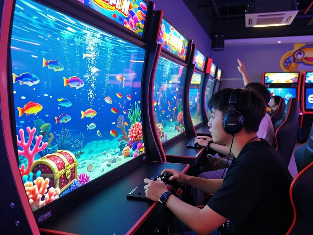 Bắn cá hubet88 gameplay scene featuring a gamer immersed in a vibrant digital fishing arcade.