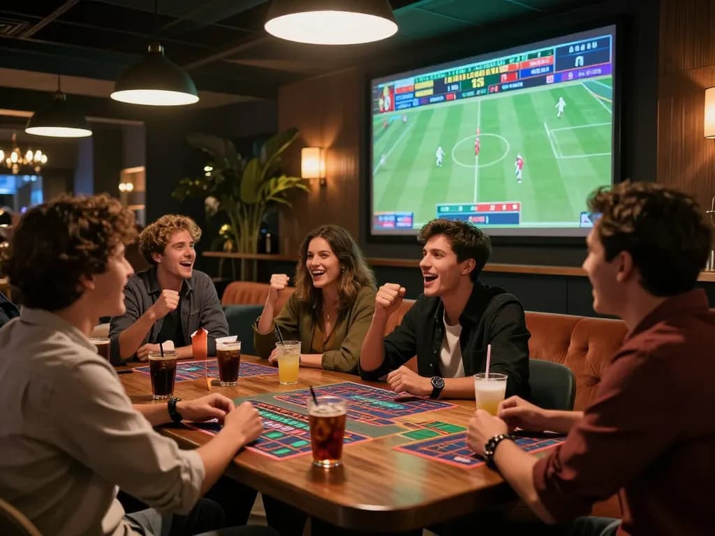 Engaged friends enjoying SC88 LINK in a lively sports betting lounge