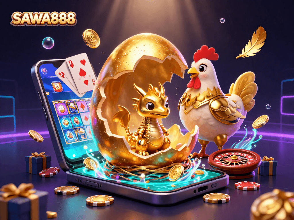 Engage with SAWA888's vibrant gaming world showcasing golden treasures and dynamic slot action.