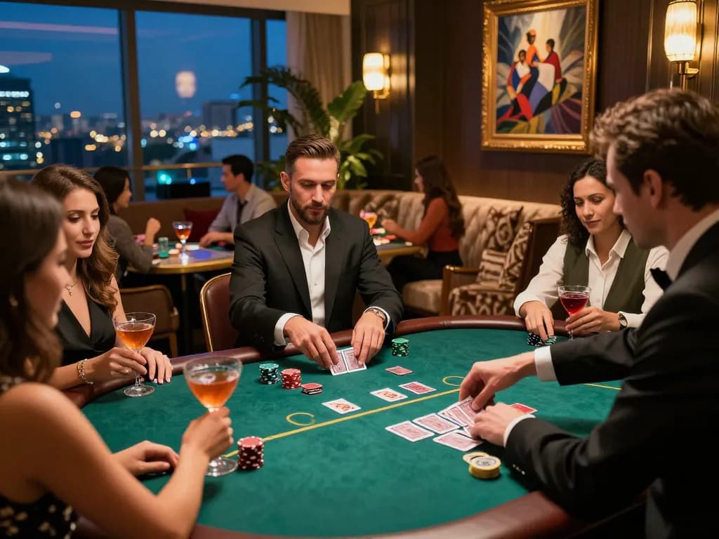 uu88 poker strategy scene at a luxurious casino with players engaged in action