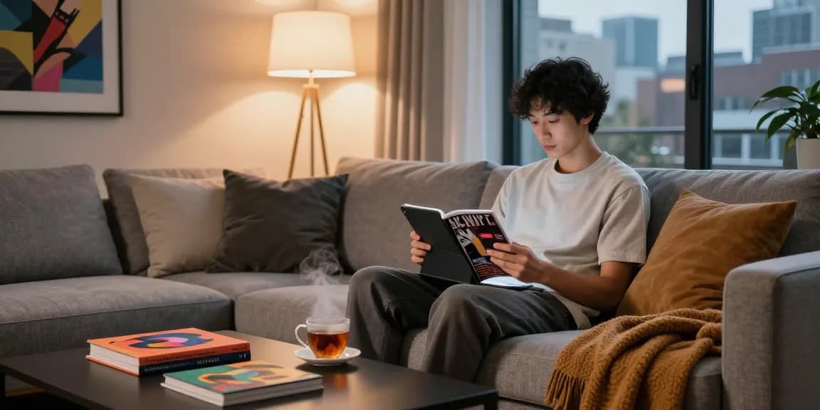 Youthful adult exploring NSFW content on a tablet in a cozy urban living room