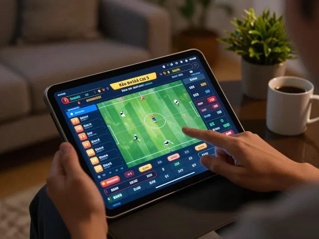 Kèo nhà cái 5 showing exciting online sports betting on a tablet in a cozy home setting