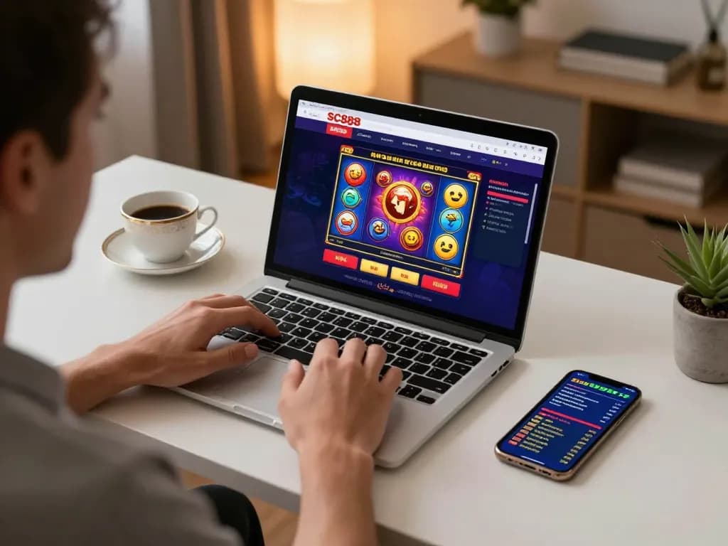 Engaged players enjoying SC888 online casino games on laptop and smartphone in a cozy home setting