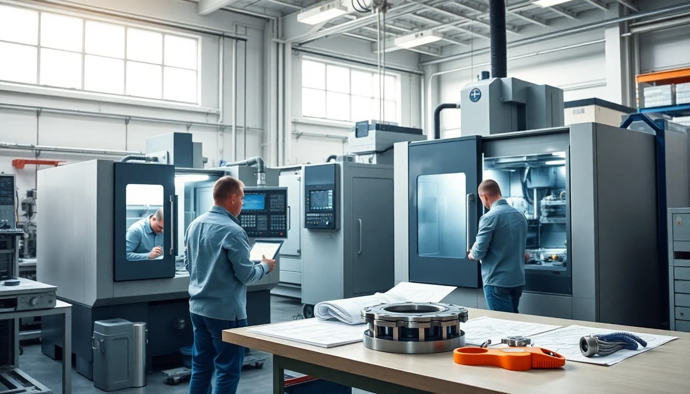 Custom part manufacturer creating precision components in a modern workshop with skilled technicians.