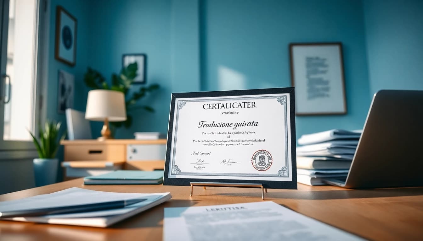 Professional workspace for traduzione giurata featuring a certificate and translation documents.