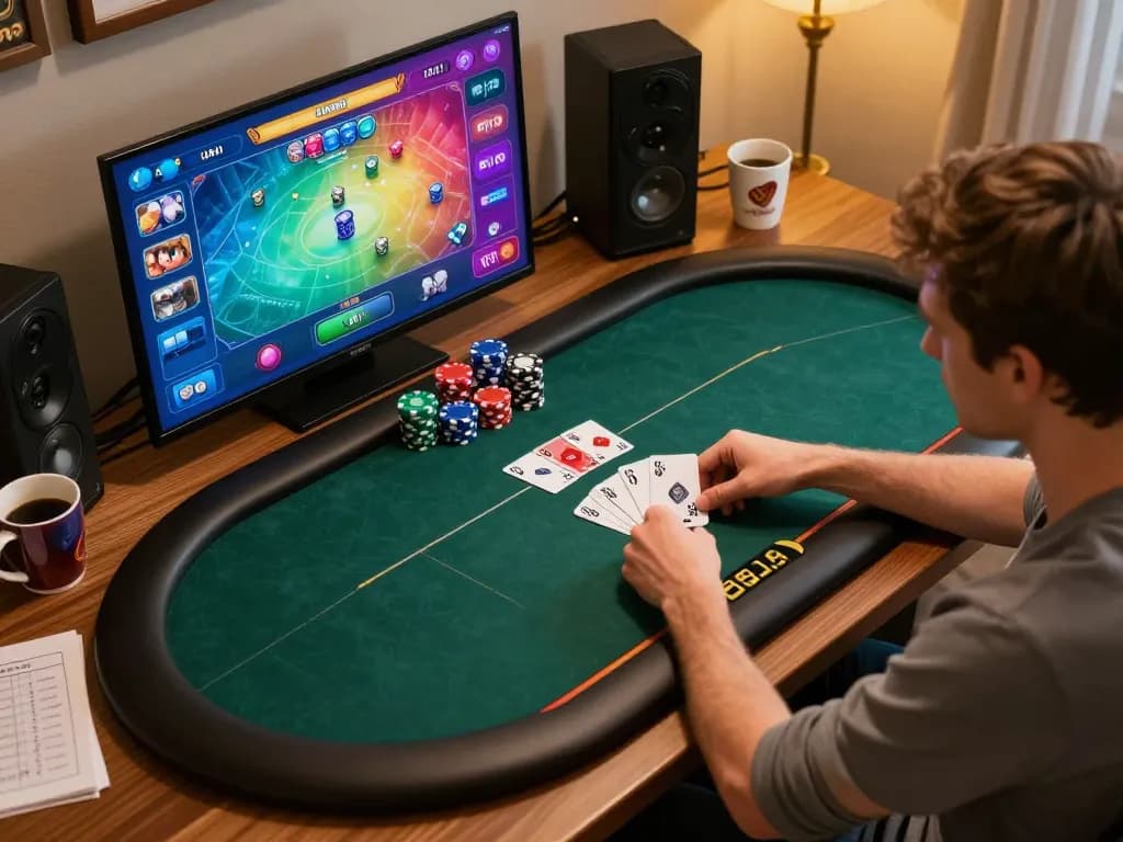 Player engaged with vibrant online poker interface at home, focusing on strategies for u888poker