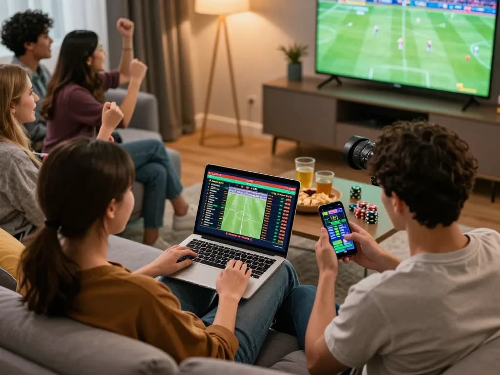 Player engaging in live sports betting on sc88-bm from home, laptop and smartphone showing live odds and stats.