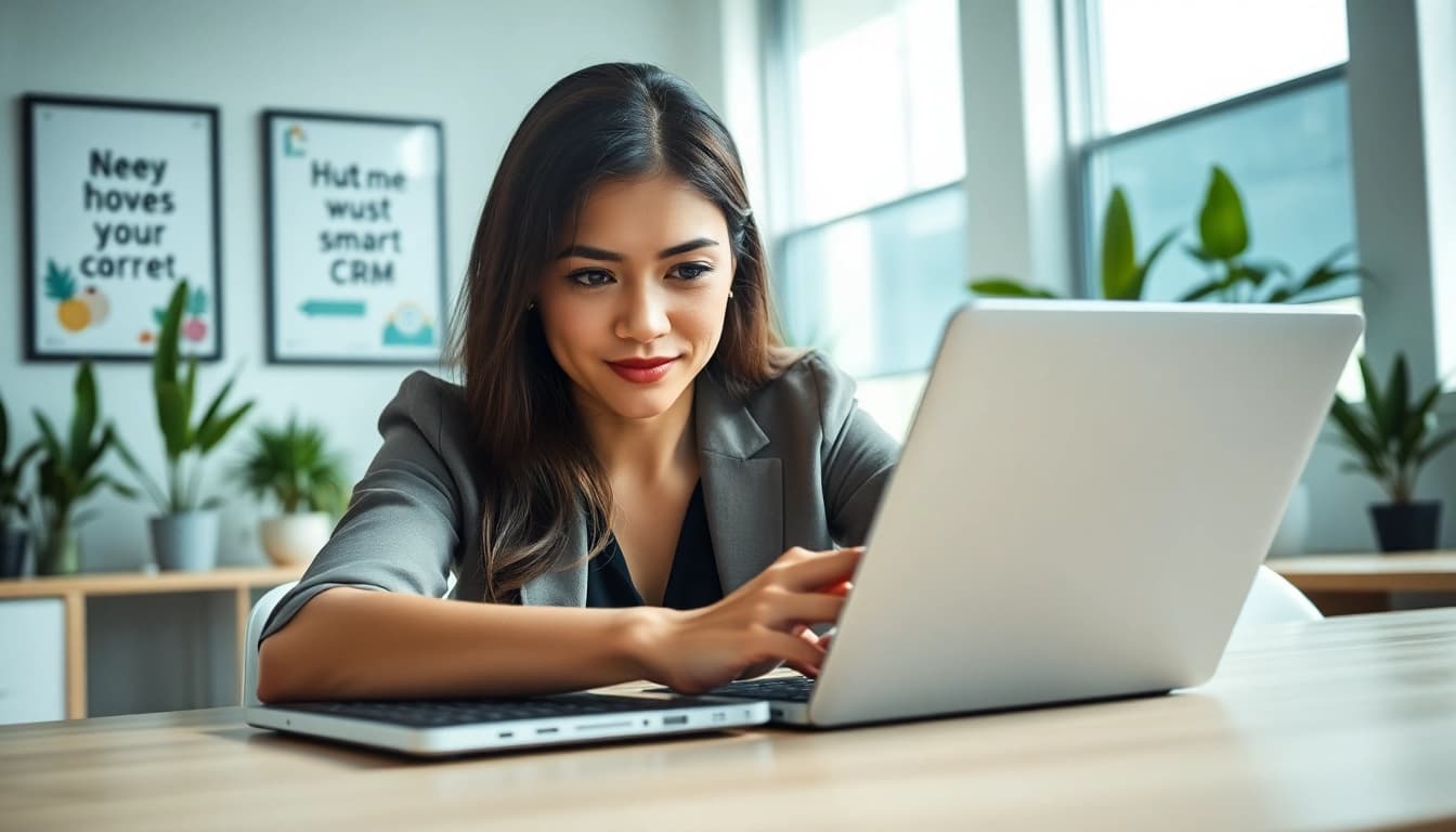 Engaging businesswoman using WhatsApp Smart CRM for effective client communication.