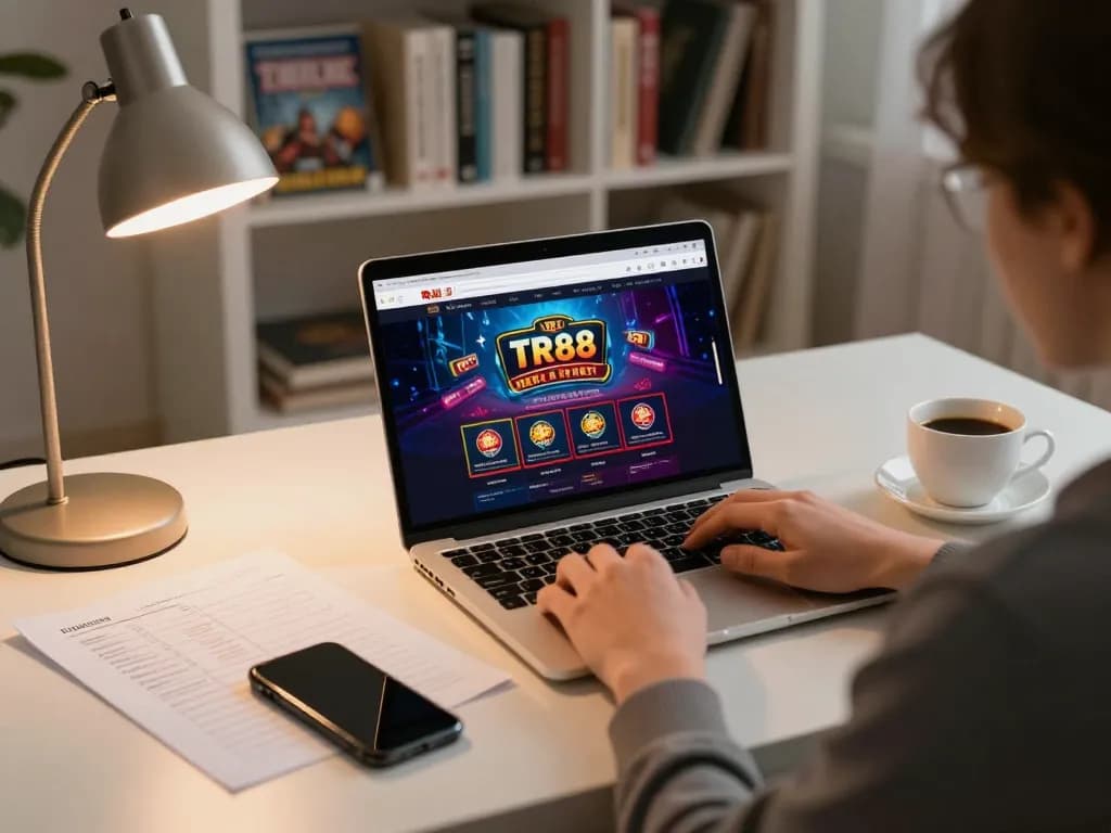 Person engaging in online gaming at home using the TR88 trang chủ platform for an immersive experience.