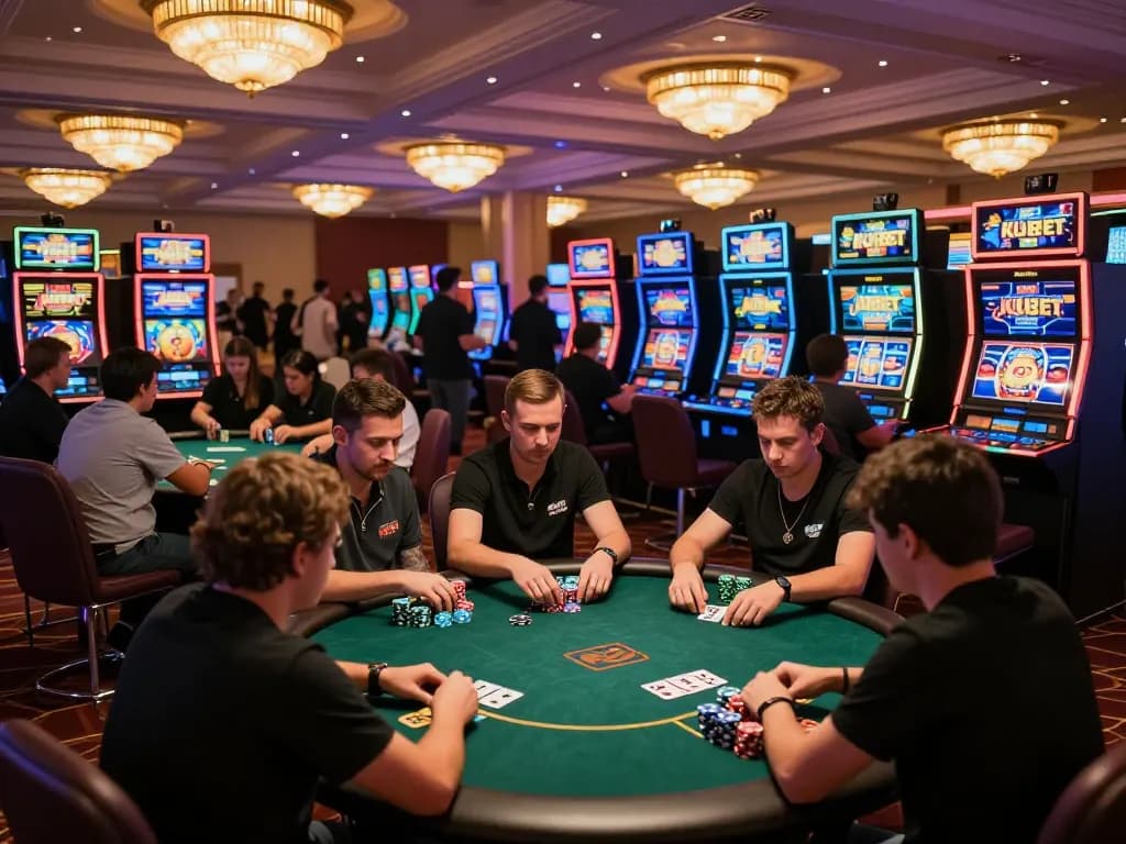 kuBet players experiencing the excitement of gaming on a vibrant casino floor with poker tables and slots.