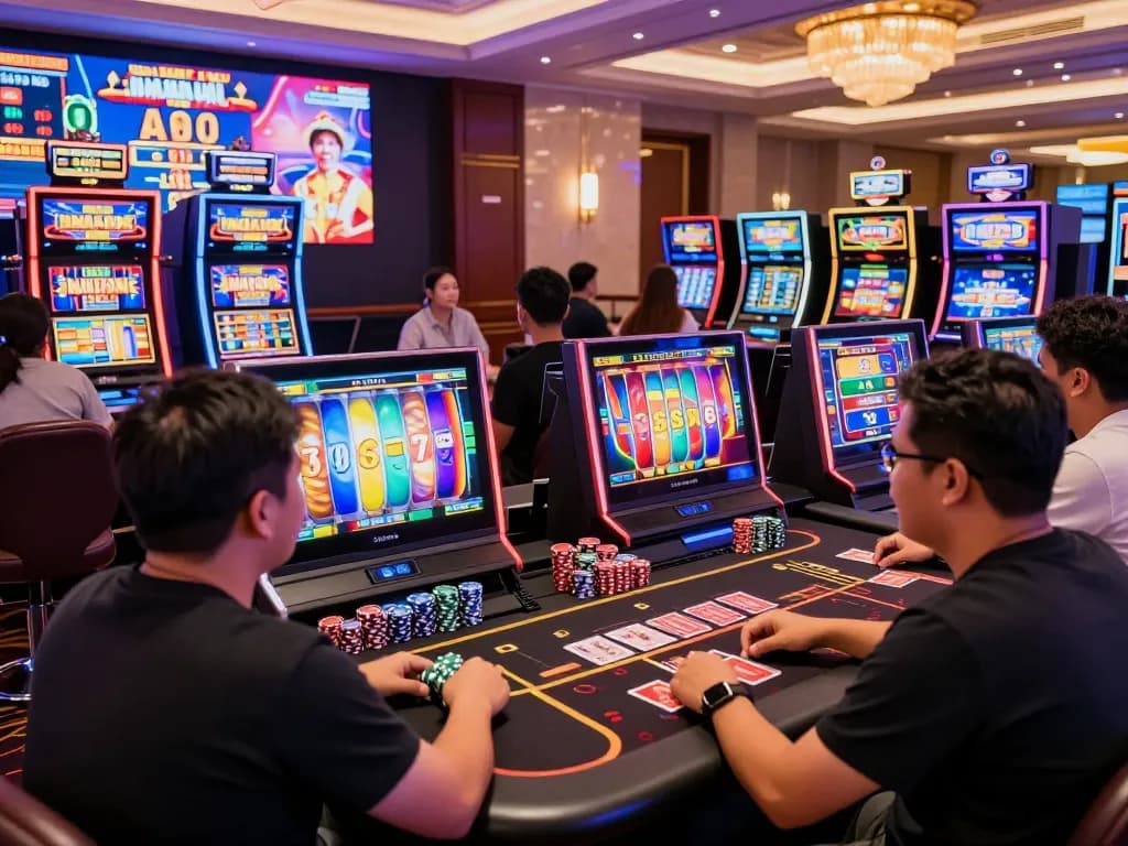 Situs slot gacor players enjoying vibrant casino atmosphere with colorful slot machines.